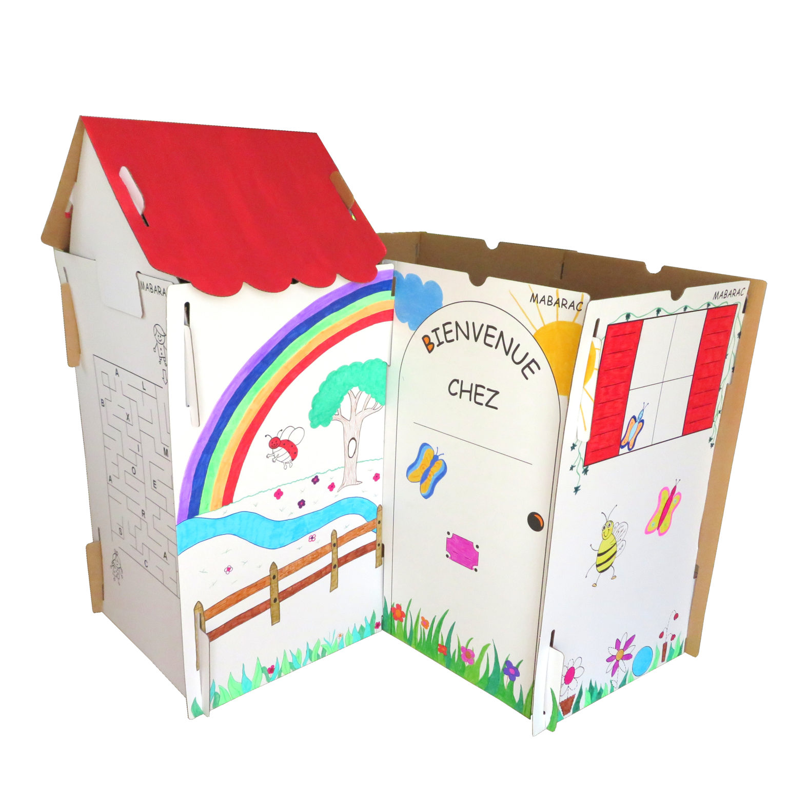 Cabane modulable Mabarac décorée en carton avec un toit